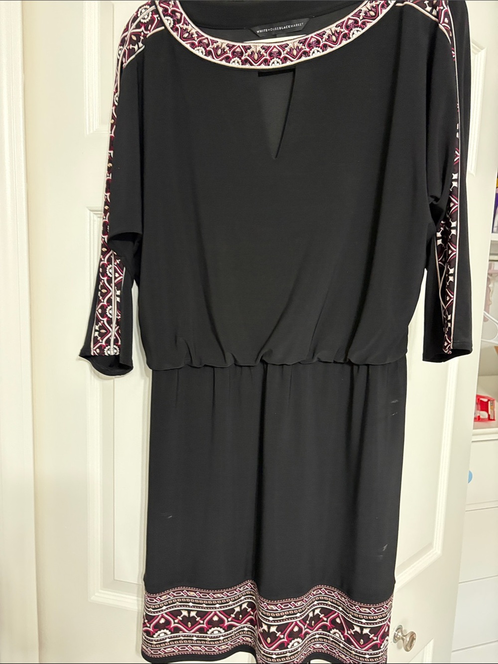 White House Black Market Black Midi Dress with Pink Pattern Trim